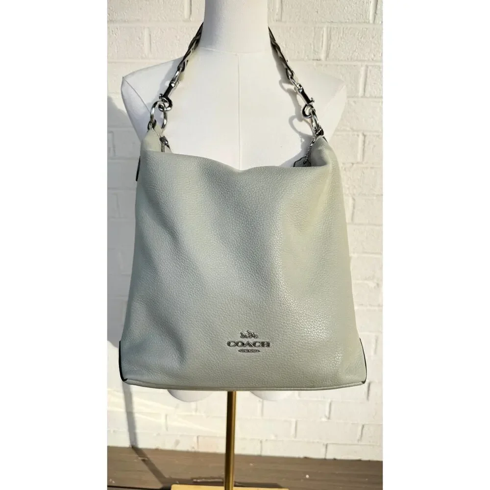 Coach Abbey Gray/Green Pebbled Leather Hobo Shoulder Bag Silver Hardware Slouchy - Picture 2 of 10